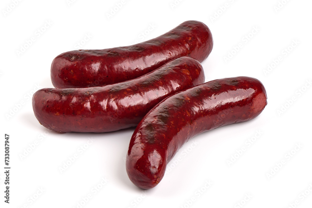Grilled pork sausages, Oktoberfest dishes, isolated on white background. Grilled pork sausages, Oktoberfest dishes, isolated on white background.