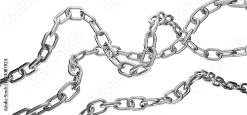 Metal chain in wave. Metal chain blank for your design. Several metal chains of different sizes. 3D render. Metal chain on a transparent, white background.