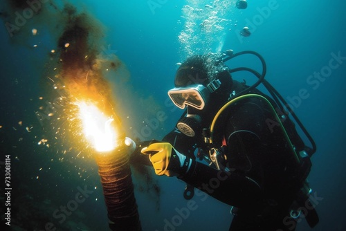 AI generated illustration of a scuba diver exploring the deep blue waters © Wirestock