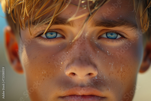 Ocean Gaze, Close-Up of a Young Boy with Piercing Blue Eyes