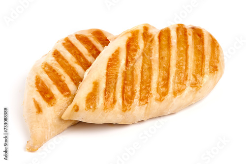 Grilled chicken breast served, isolated on white background.