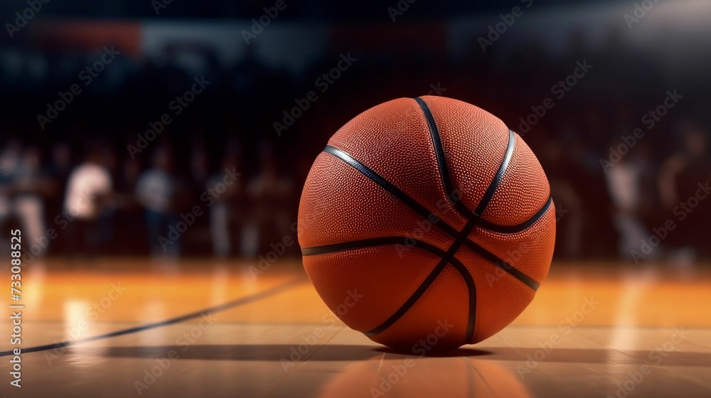 AI generated illustration of an orange basketball on a hardwood floor - obrazy, fototapety, plakaty 