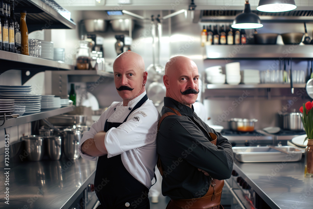 Masterful Culinary Pair, Bald Chefs with Signature Mustaches in Gourmet Kitchen Masterful Culinary Pair, Bald Chefs with Signature Mustaches in Gourmet Kitchen