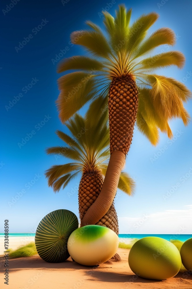 AI generated beach with fruits and palm tree