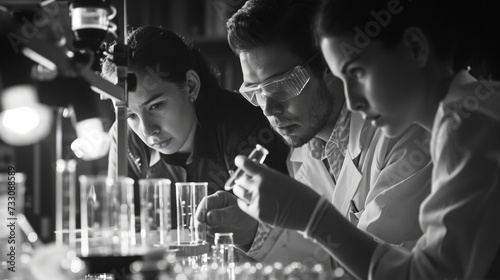 Ecological Study  Scientists Examining Microplastics  Laboratory Fluorescent Lighting  Monochromatic