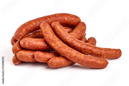 Smoked sausages, isolated on white background. High resolution image.