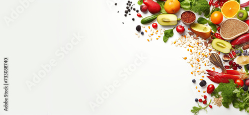 Fruits and vegetables background. White background. Copy space.