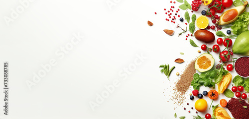 Fruits and vegetables background. White background. Copy space.