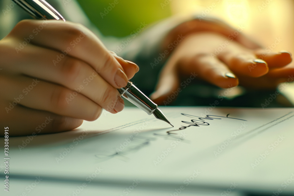 Woman signing document, focus on female hand holding pen, putting signature at official paper. Woman signing document, focus on female hand holding pen, putting signature at official paper.