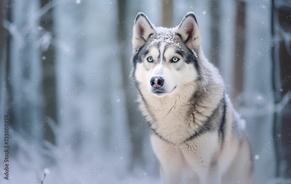 AI generated Siberian Husky in snow covered forest