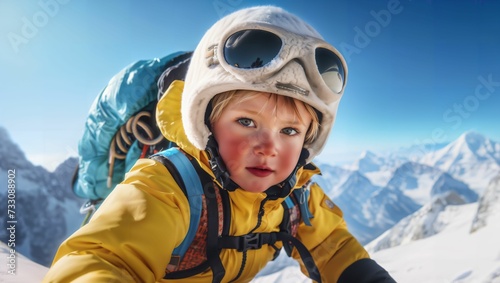 AI generated illustration of a young child wearing snow goggles ascends a snowy mountain