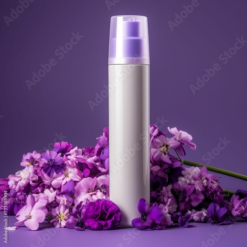 Purple background with a plastic bottle decorated with fresh flowers, AI-generated.