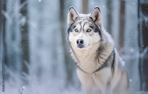 AI generated Siberian Husky in snow covered forest © Wirestock
