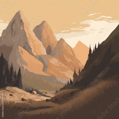 AI generated illustration of a mountain range with lush, green trees on its peaks photo