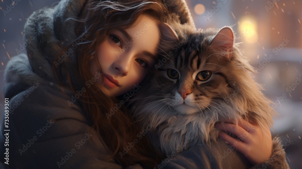 As a gentle snowfall blankets the world, a young woman and her cat create a haven of warmth and understanding, their connection untouched by the cold. As a gentle snowfall blankets the world, a young woman and her cat create a haven of warmth and understanding, their connection untouched by the cold.