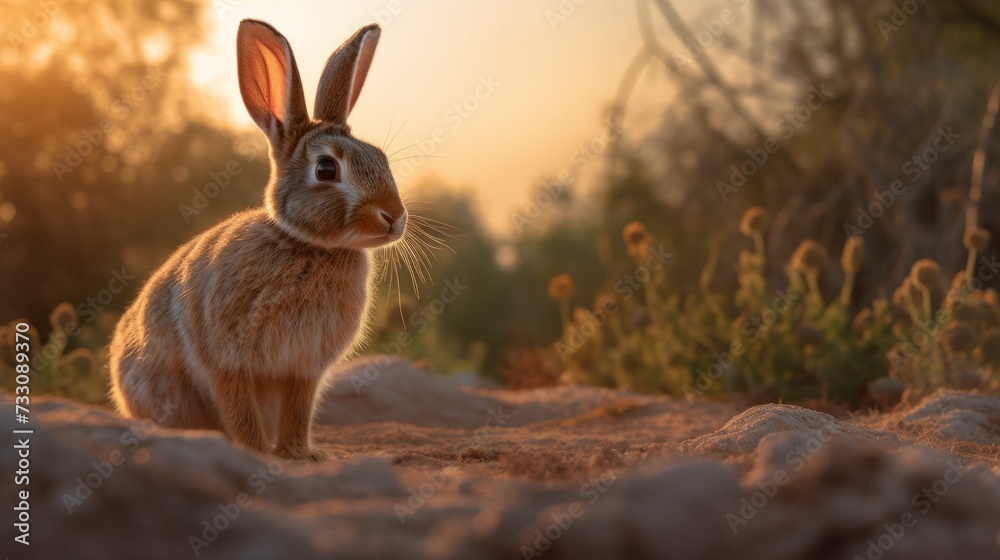 AI generated illustration of an adorable brown rabbit on a sunny field