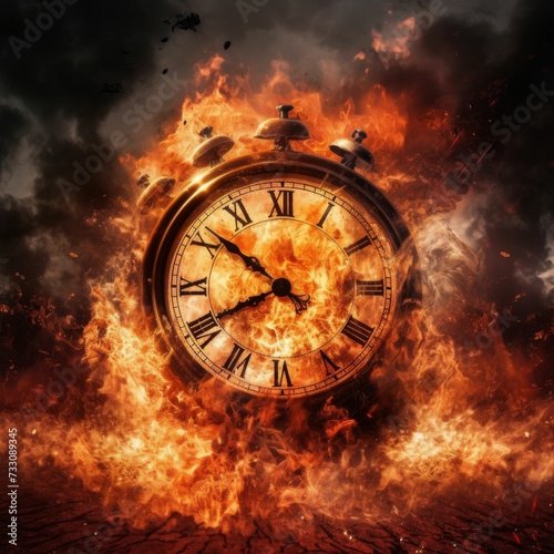 Burning analog clock on a dark background, AI-generated.