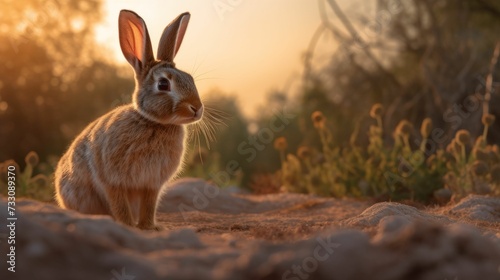 AI generated illustration of an adorable brown rabbit on a sunny field © Wirestock
