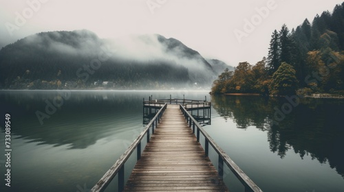 AI generated illustration of an empty wooden pier extending into water with mountains on the horizon