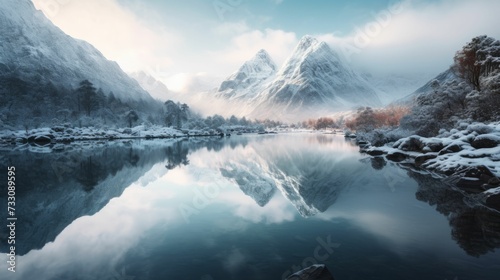 AI generated illustration of a tranquil lake reflecting a majestic snow-capped mountain © Wirestock