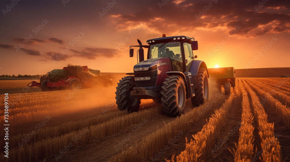 A powerful tractor drives across a huge field. A powerful tractor drives across a huge field.