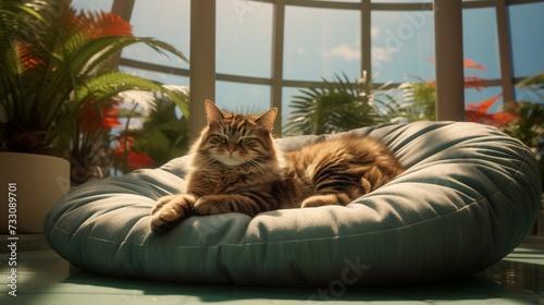 Calm cat reclining on a cushioned oasis.