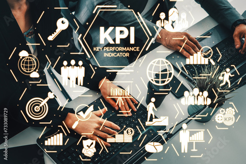 KPI Key Performance Indicator for Business Concept - Modern graphic interface showing symbols of job target evaluation and analytical numbers for marketing KPI management. photo