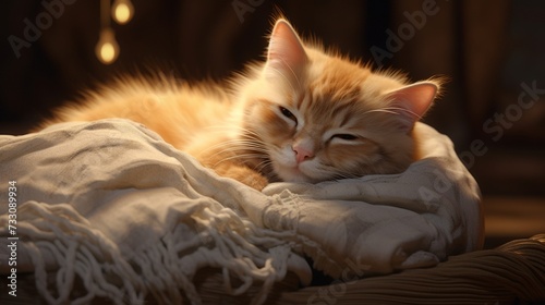 Calm kitty basking in comfort on a soft pillow.