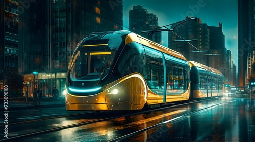AI generated illuminated yellow tram passing a large building and the illuminated street at night