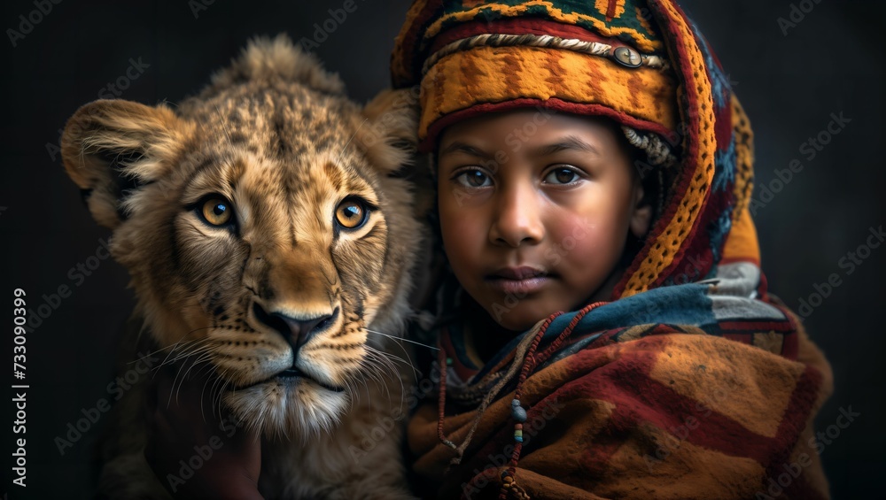 AI generated illustration of a young child next to a lion cub