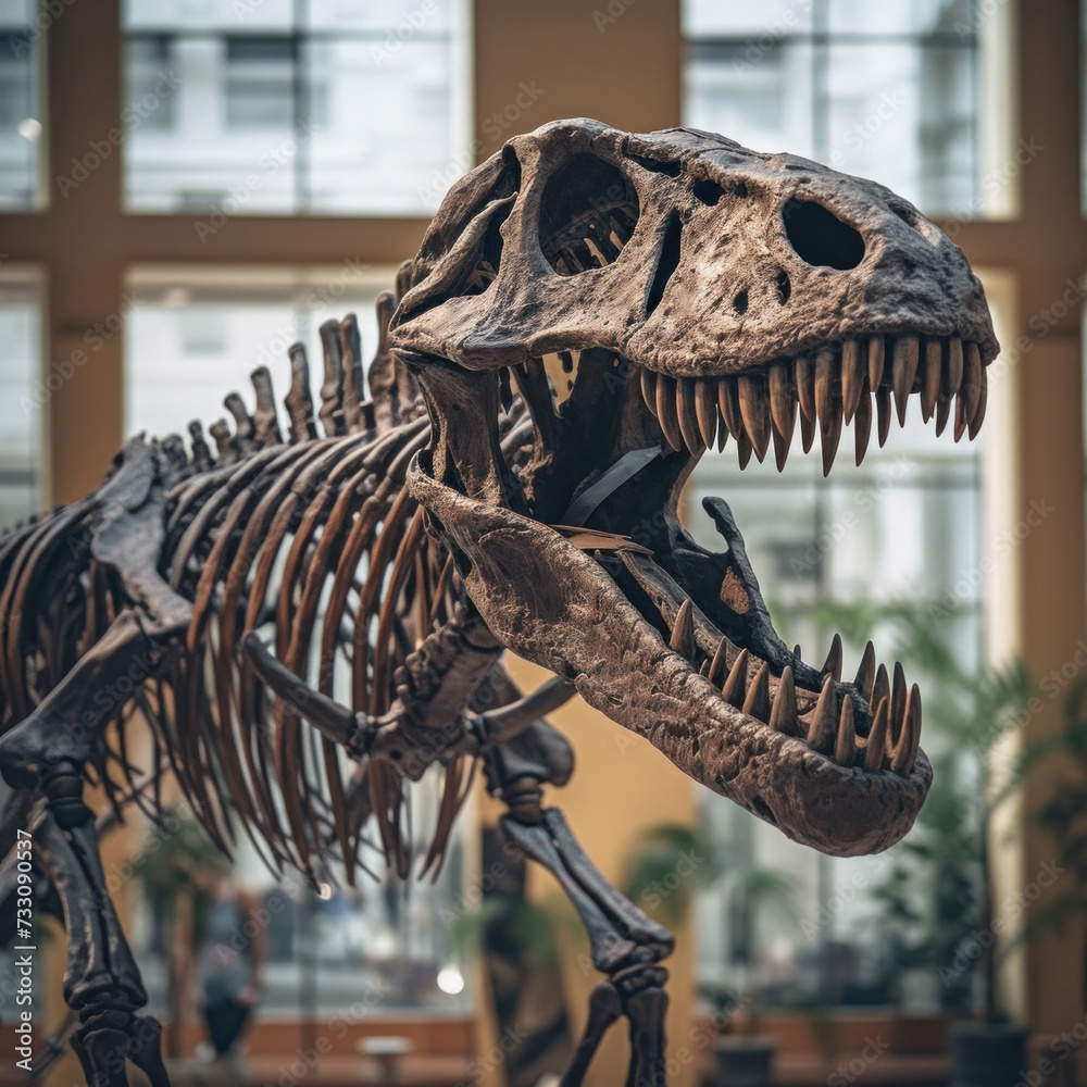 a T-Rex dinosaur skeleton in a museum. a T-Rex dinosaur skeleton in a museum.