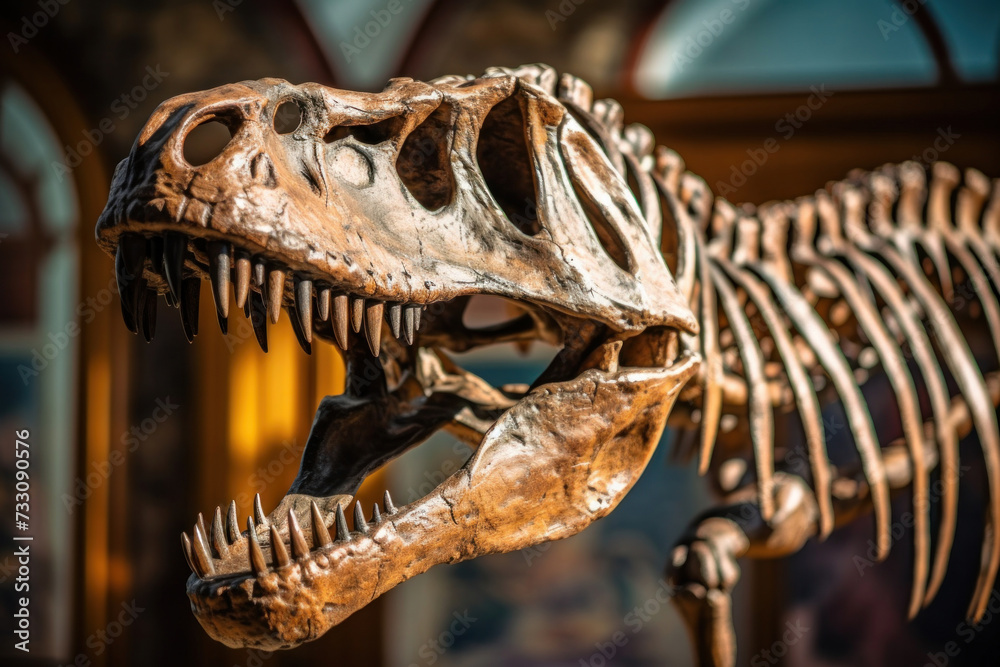 a T-Rex dinosaur skeleton in a museum. a T-Rex dinosaur skeleton in a museum.