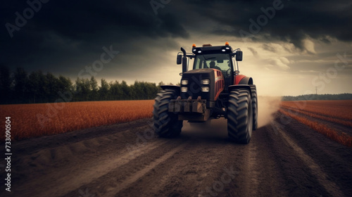 A powerful tractor drives across a huge field.