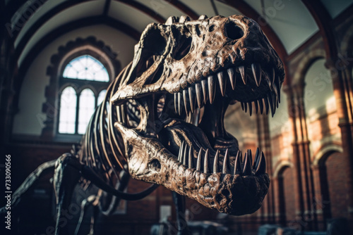 a T-Rex dinosaur skeleton in a museum. © tong2530