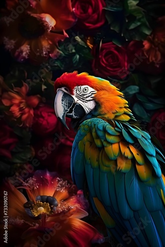 Vertical shot of a colorful parrot surrounded by a vibrant array of colorful blooms, AI-generated © Wirestock