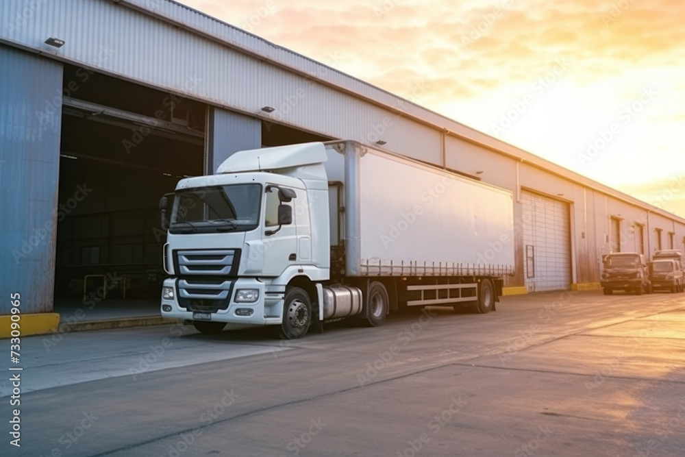 A white freight trucks park front the warehouse. industrial of logistics and goods storage concept. A white freight trucks park front the warehouse. industrial of logistics and goods storage concept.
