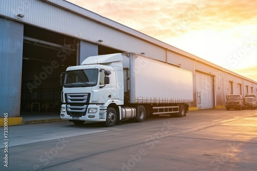 A white freight trucks park front the warehouse. industrial of logistics and goods storage concept.