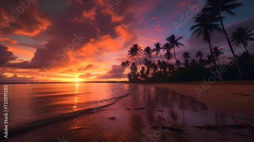 AI generated illustration of an Idyllic beach with rows of palm trees silhouetted against a sunset