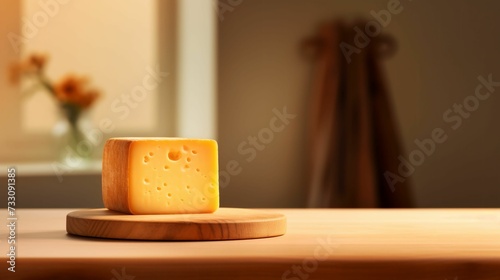 AI generated illustration of a yellow block of cheese on a cutting board