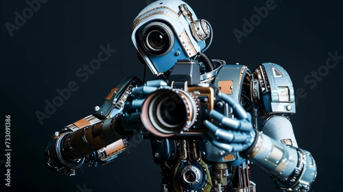 AI generated illustration of a futuristic robot with a camera lens head holding a camera