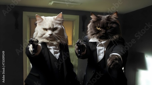 two cats dressed in suits with pistols, one cat wearing a suit and the other
