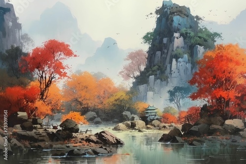 AI generated illustration of a watercolor of a vibrant landscape with mountains in the background