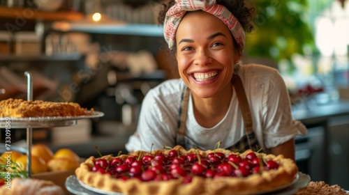 A woman smiling while standing in front of a pie with cherries on top, AI photo