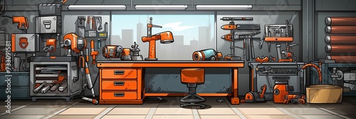 an industrial tool room with tools on the desk and work bench