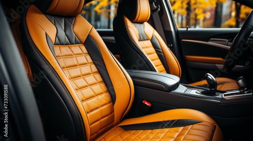 interior of a sleek sports car featuring black and orange leather upholstered front seats photo