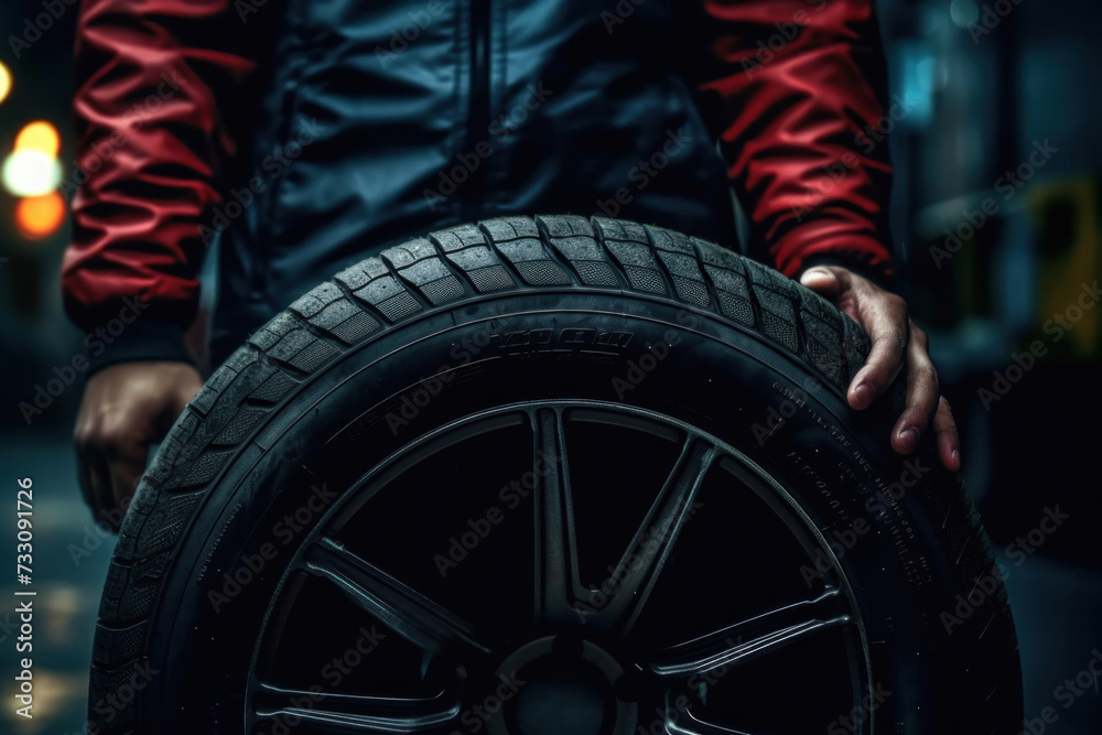 Fototapeta premium Close up hand of Car tire service and hands of mechanic holding new tyre.
