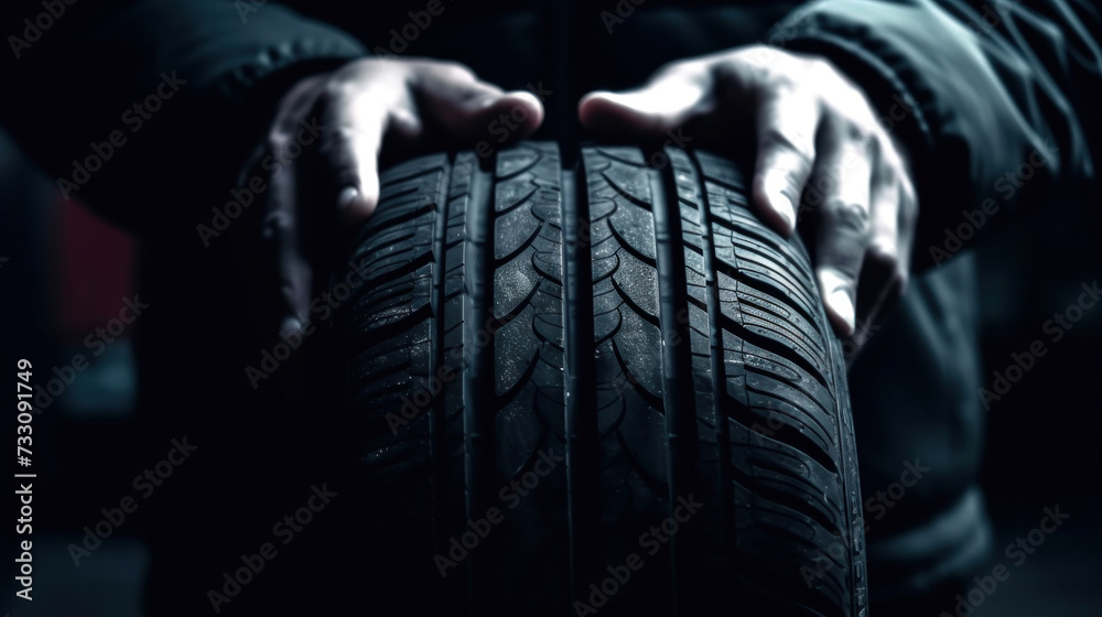 Close up hand of Car tire service and hands of mechanic holding new tyre. Close up hand of Car tire service and hands of mechanic holding new tyre.