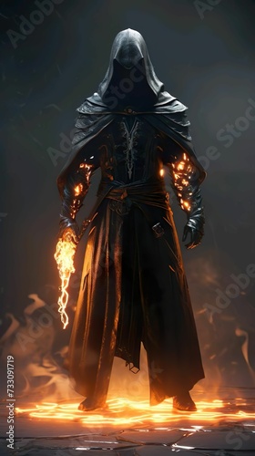 AI generated illustration of a knight standing in the center of a burning fire in a dark environment
