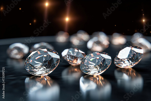 Close up of Brilliant cut diamonds sparkle intensely, scattered on a reflective surface with a soft focus on the background.