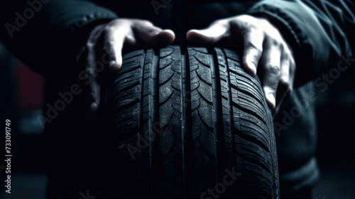 Close up hand of Car tire service and hands of mechanic holding new tyre.